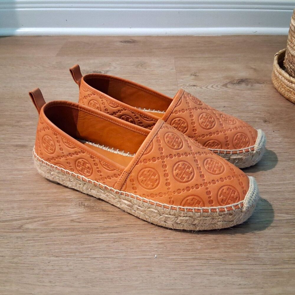 Tory Burch Brown Leather Logo Espadrille Flats Slip-On Round Toe Women’s 9.5